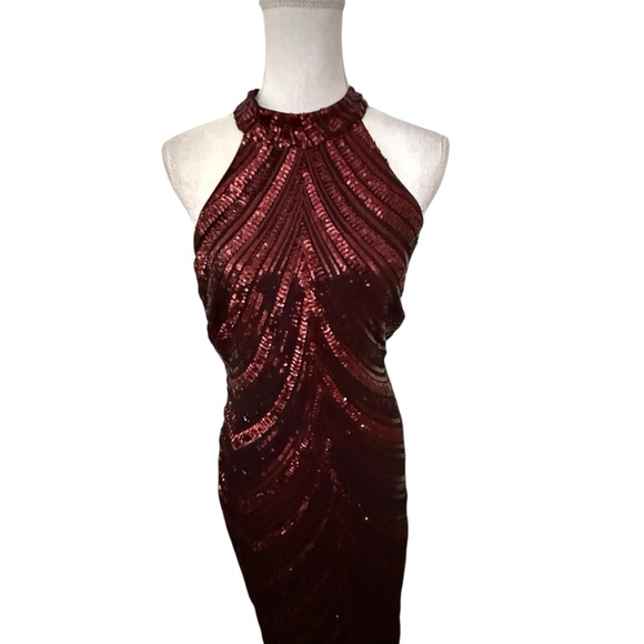 Fashion Nova Black Maroon Sequin Sleeveless Long Evening Dress Size XL - Picture 5 of 9